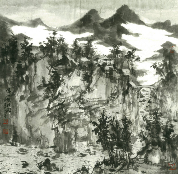 《溪山烟雨图》 尺寸：50cmx50cm